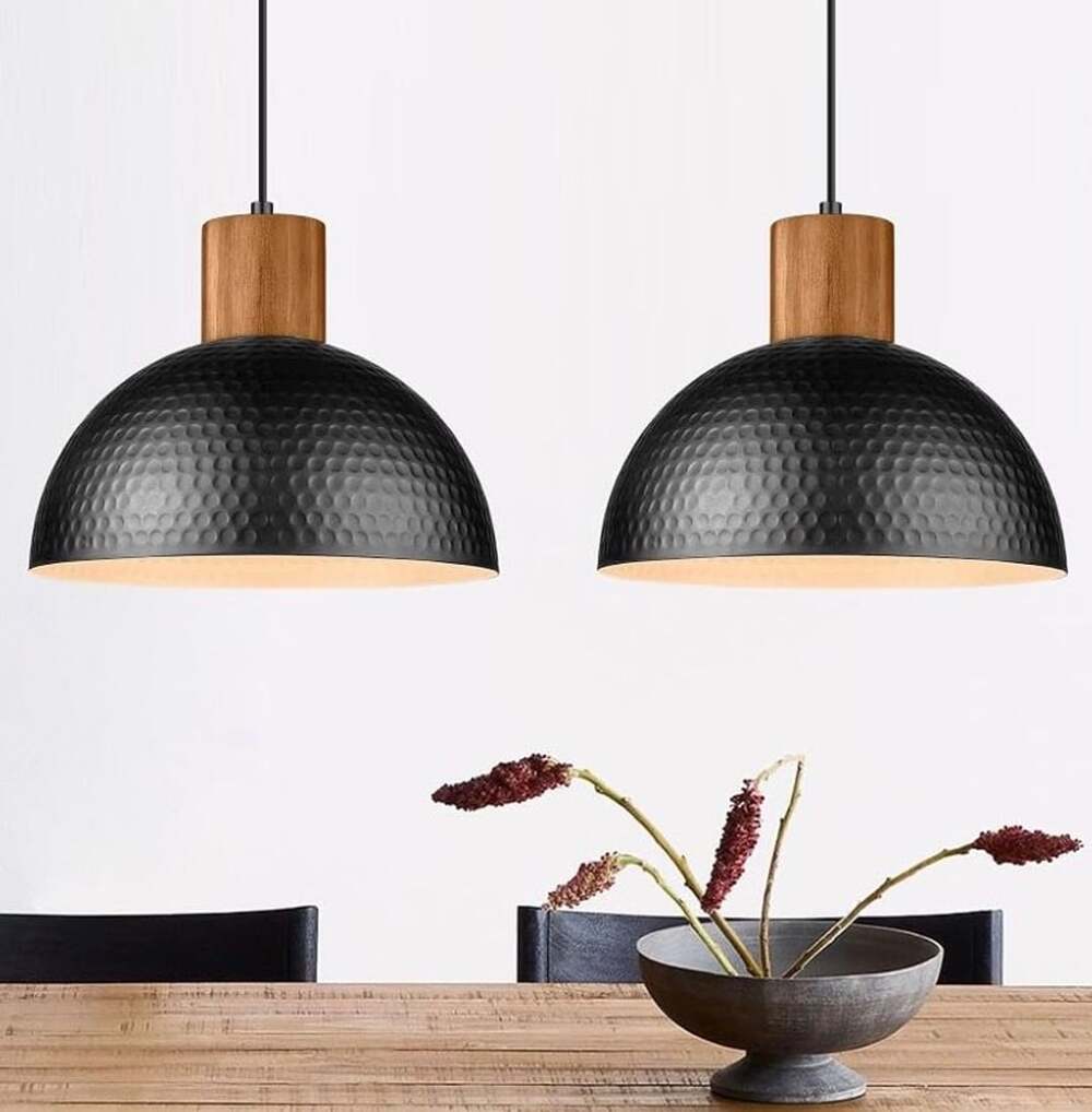 Elyona Hammered Metal Pendant Light Wood Dome Hanging Lamp Black